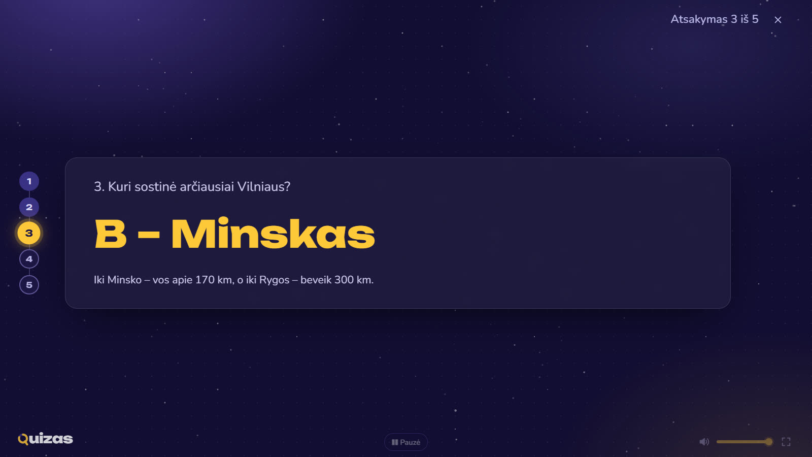 Protmūšio atsakymų ekranas: teisingas atsakymas „B – Minskas“ ir trumpas paaiškinimas