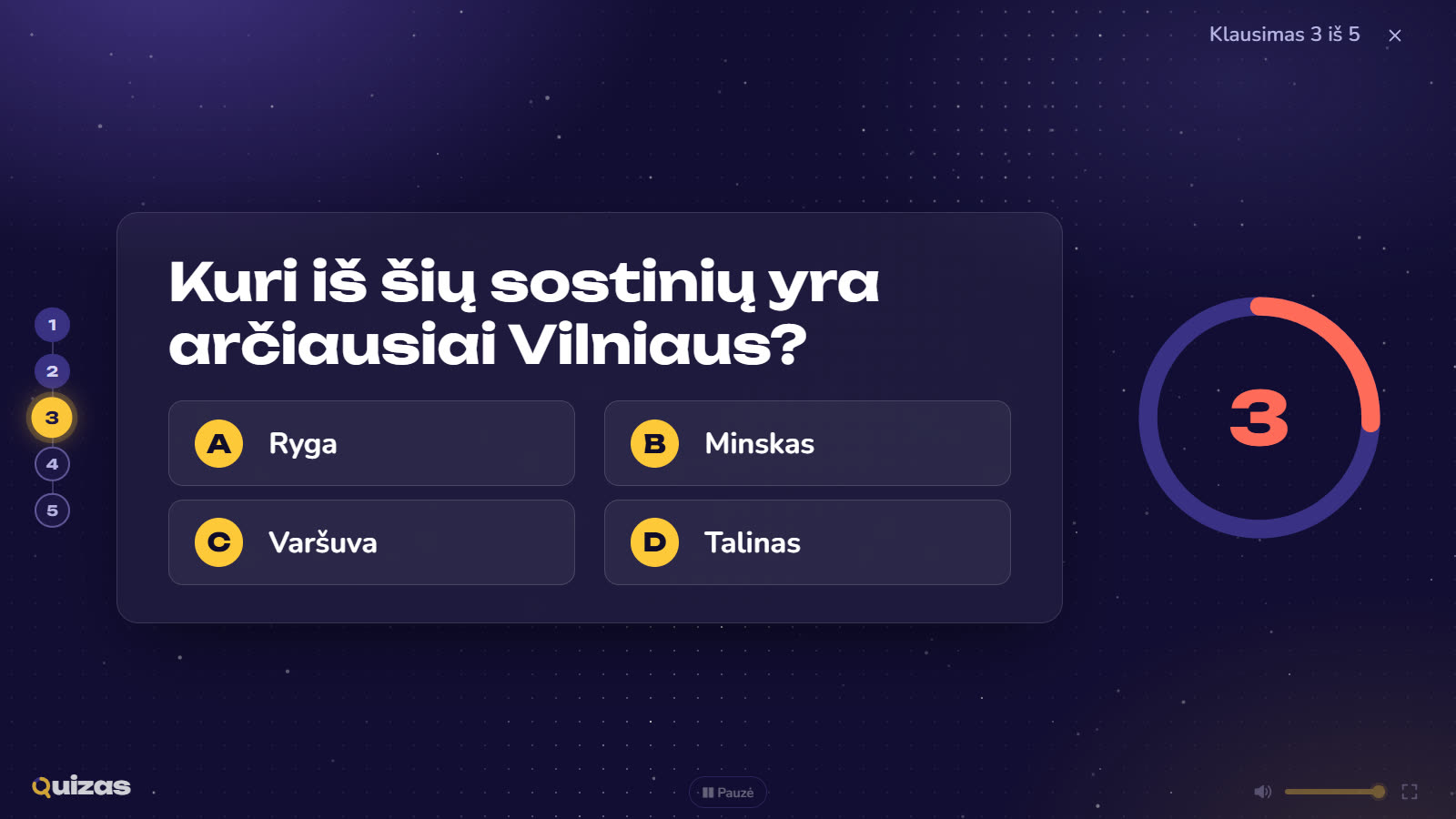 Protmūšio klausimas su keturiais atsakymų variantais A, B, C, D ir laikmačiu